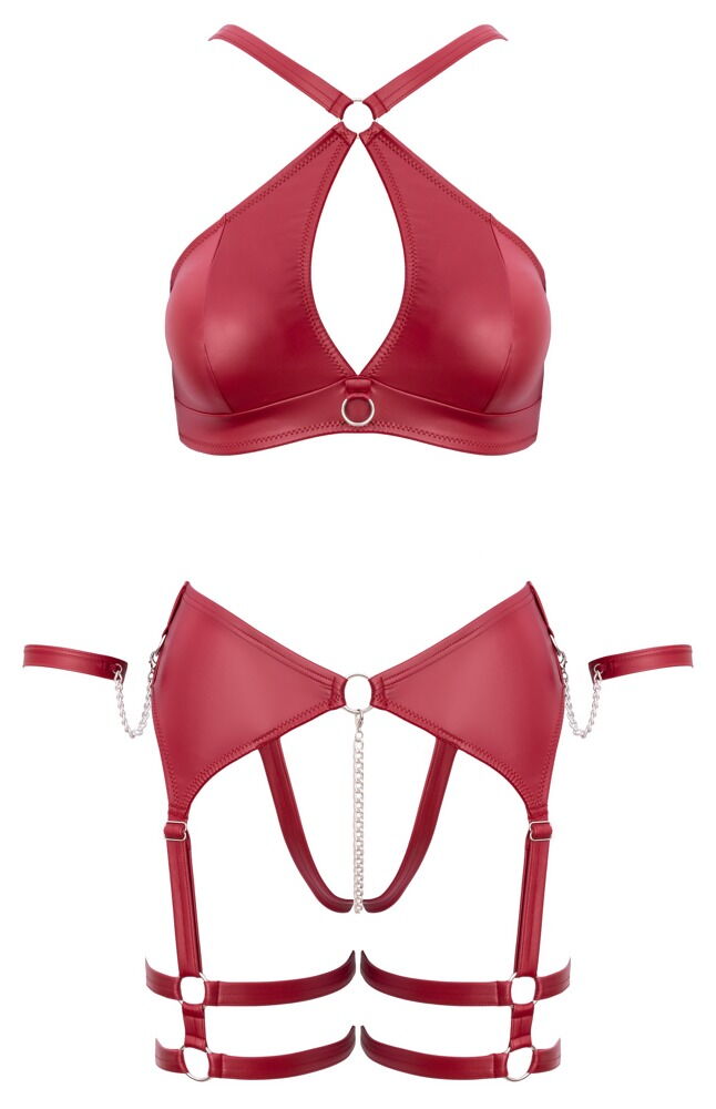 Cottelli BONDAGE - Set Reggiseno, Perizoma Reggicalze e Manette Rosso Scuro