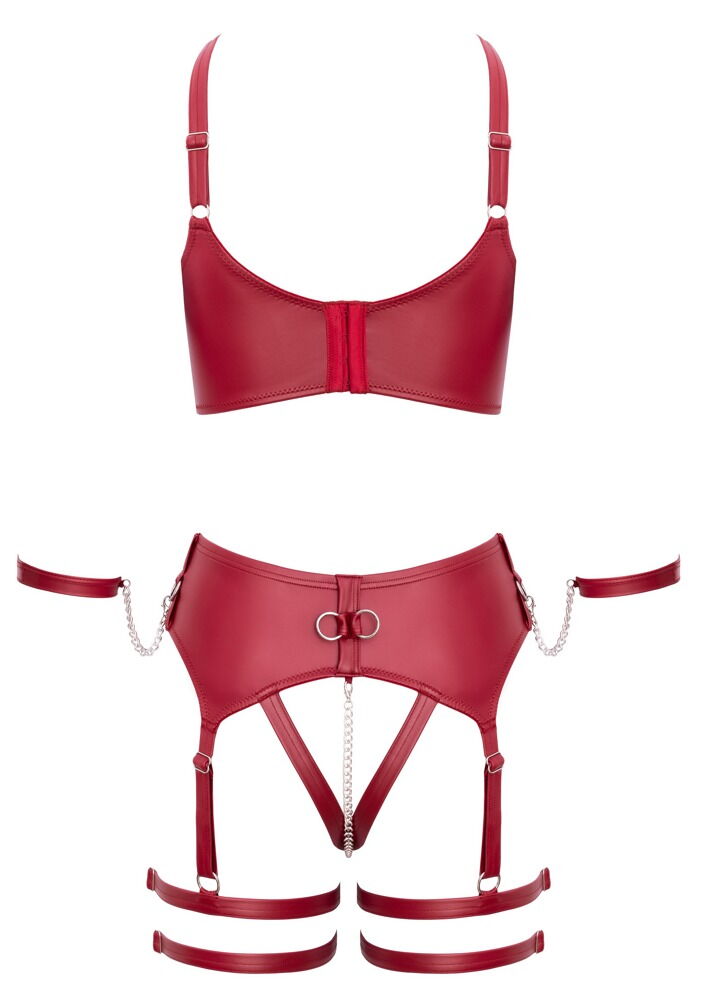 Cottelli BONDAGE - Set Reggiseno, Perizoma Reggicalze e Manette Rosso Scuro