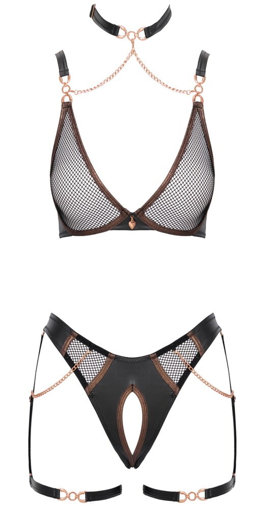 Abierta Fina - Set Reggiseno con Choker e Perizoma Reggicalze Nero