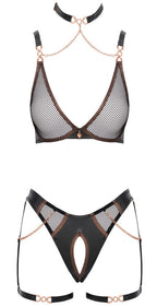 Abierta Fina - Set Reggiseno con Choker e Perizoma Reggicalze Nero