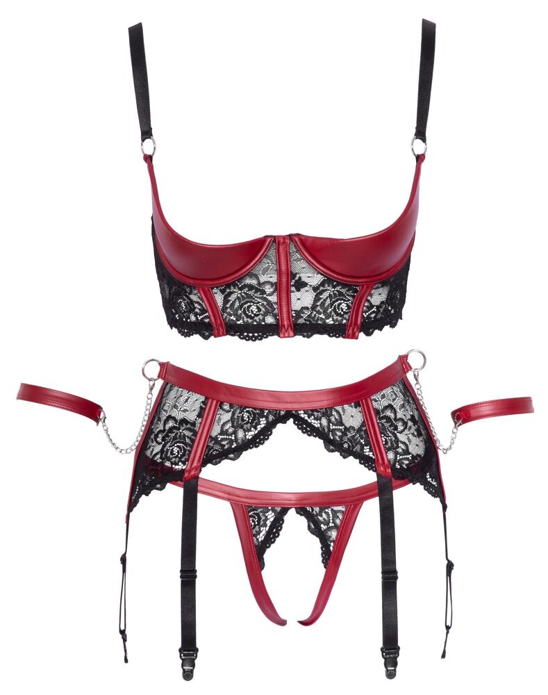 Cottelli BONDAGE - Set Reggiseno, Reggicalze, String e Polsini Nero
