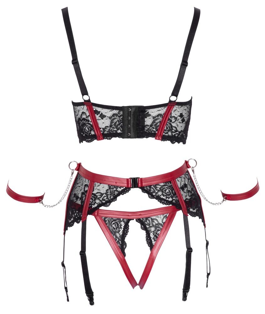 Cottelli BONDAGE - Set Reggiseno, Reggicalze, String e Polsini Nero