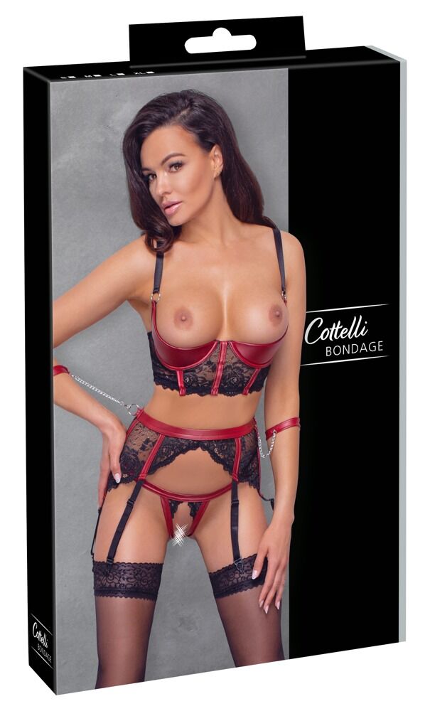 Cottelli BONDAGE - Set Reggiseno, Reggicalze, String e Polsini Nero