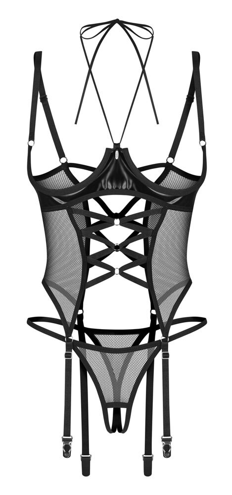 Obsessive Dominna - Corsetto Reggicalze a Seno Nudo e Perizoma Aperto Nero