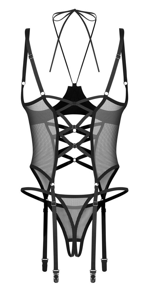 Obsessive Dominna - Corsetto Reggicalze a Seno Nudo e Perizoma Aperto Nero