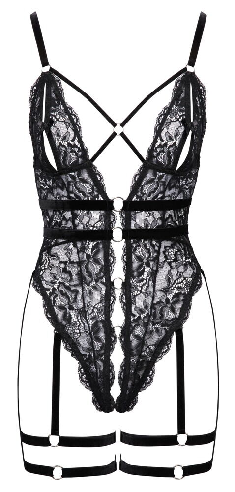 Cottelli LINGERIE - Body Aperto in Pizzo con Harness in Velluto Nero