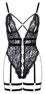 Cottelli LINGERIE - Body Aperto in Pizzo con Harness in Velluto Nero