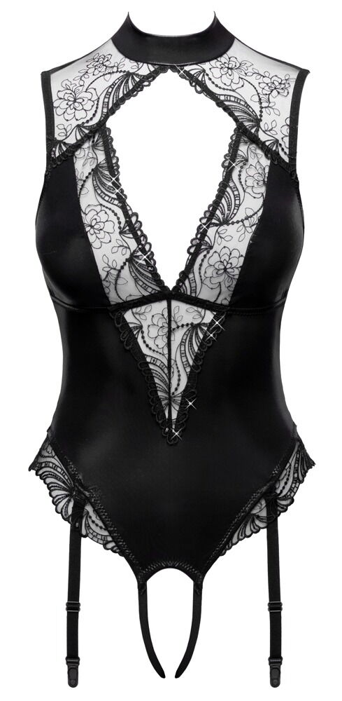 Cottelli LINGERIE - Body Aperto Wet Look e Tulle con Paillettes Nero