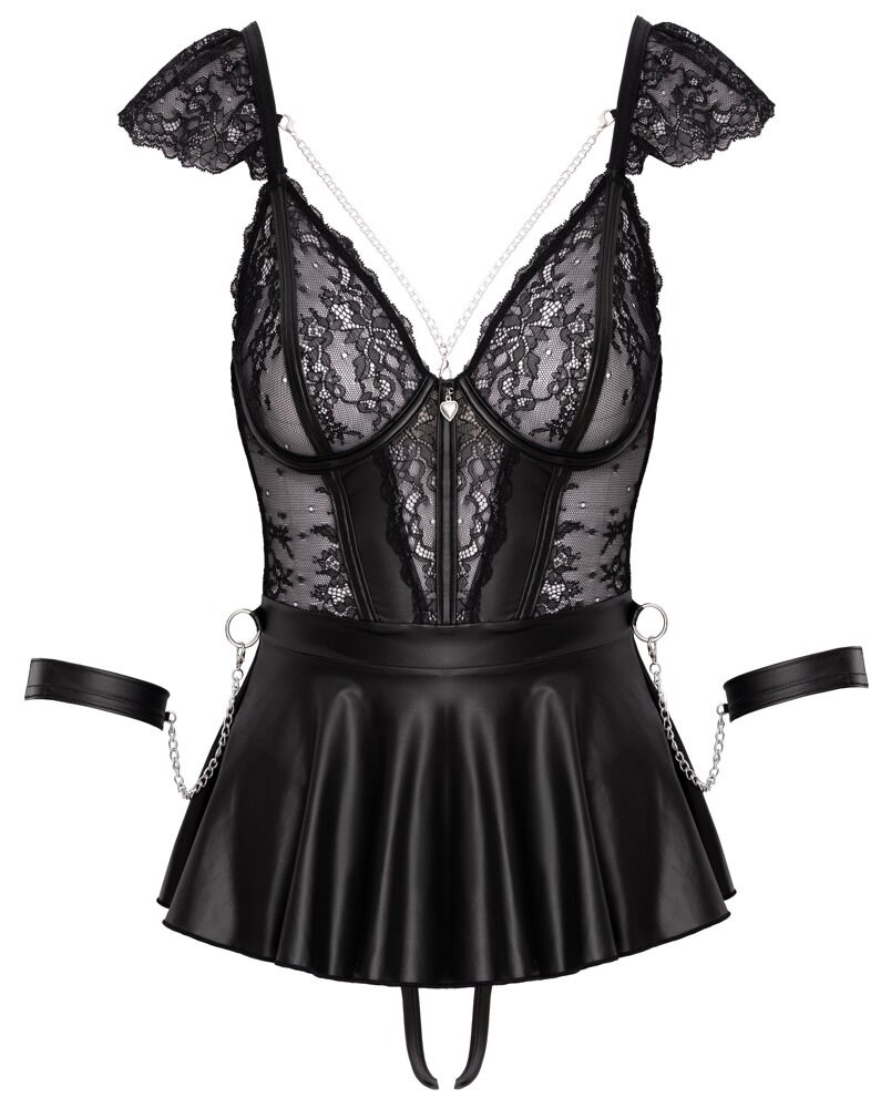 Cottelli BONDAGE - Set 3 Pezzi Babydoll, String Aperto e Manette Nero